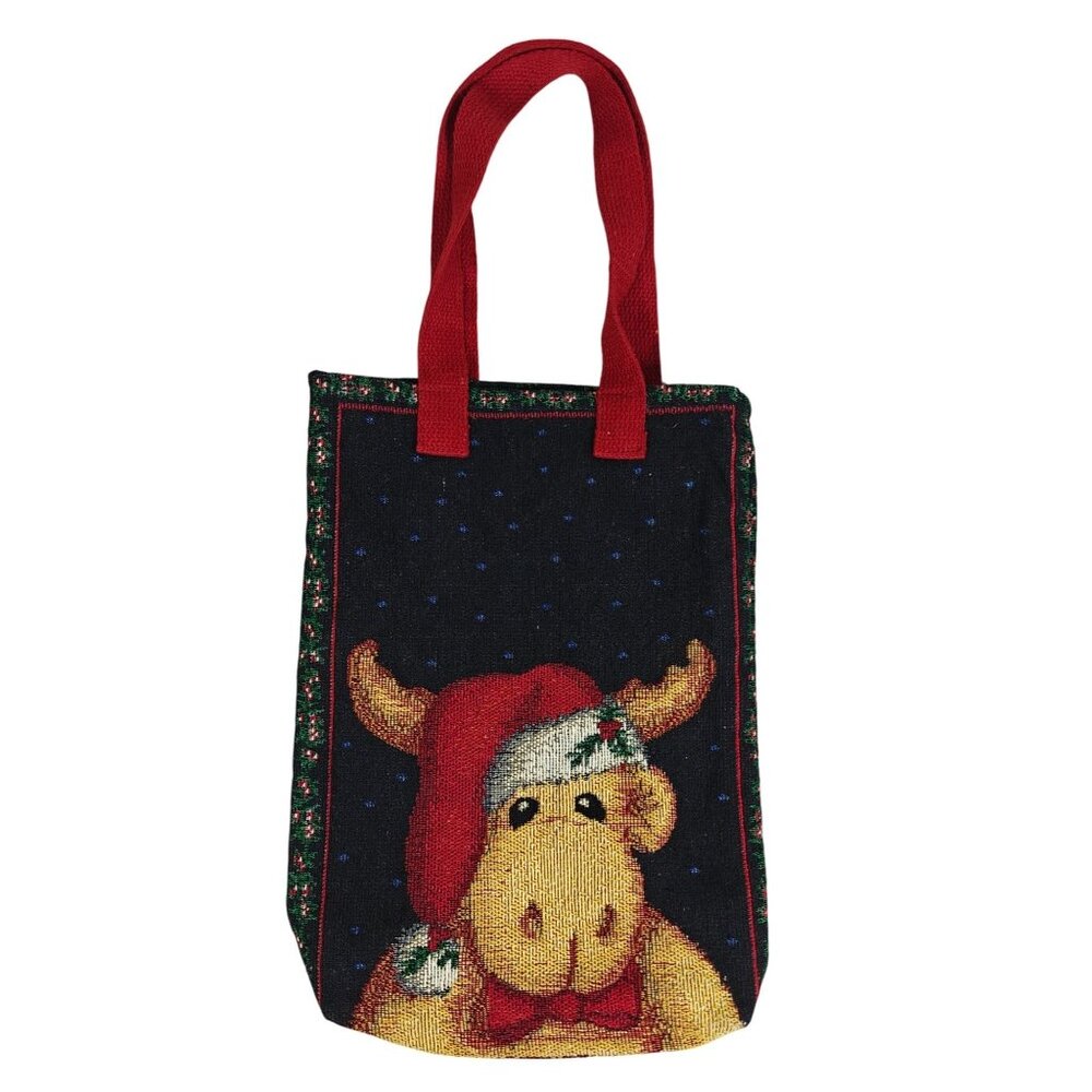 Vintage Christmas Moose Holiday Tapestry Tote Bag Red Handles & Festive Design